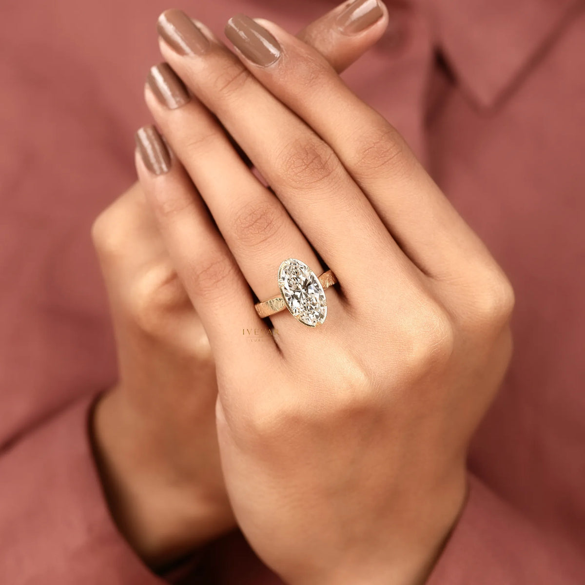 Vintage Oval Cut Moissanite Solitaire Diamond Ring with Engraved Band - View 7