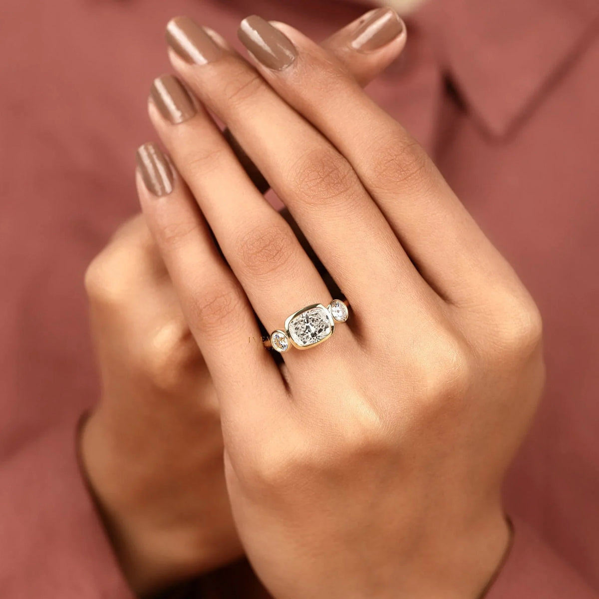Bezel Setting Three Stone Cushion Lab Diamond Ring - View 7