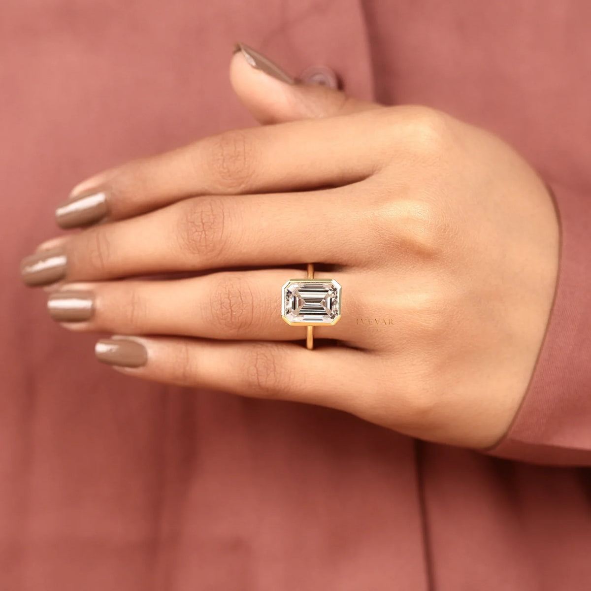 emerald cut lab diamond bezel set solitaire ring - view 7