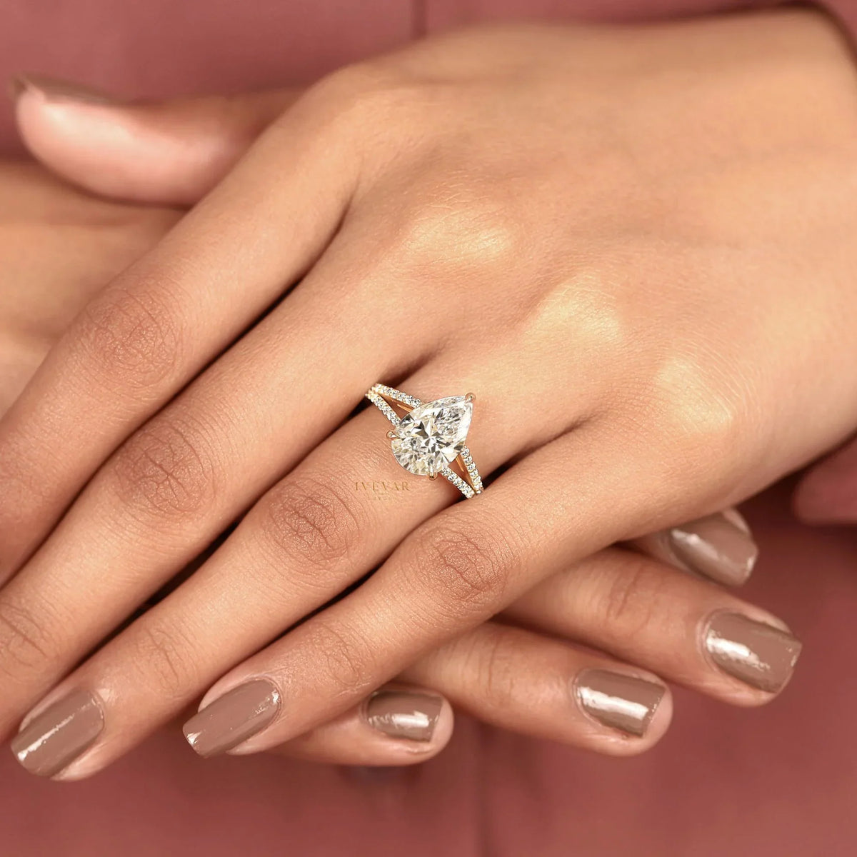 Pear Cut Lab Split Pave Shank Engagement Ring - View 7