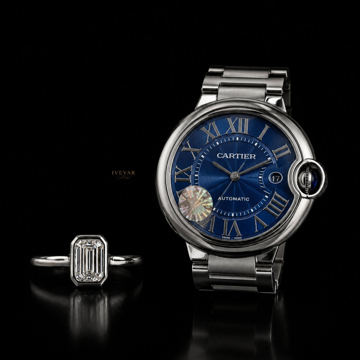 sport prestige duo executive performance watch paired with emerald cut diamond solitaire ring