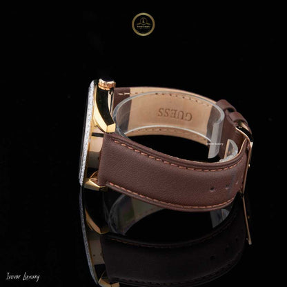 Round Diamond Bezel Multi-Function Brown Leather Wrist Watch - View 3