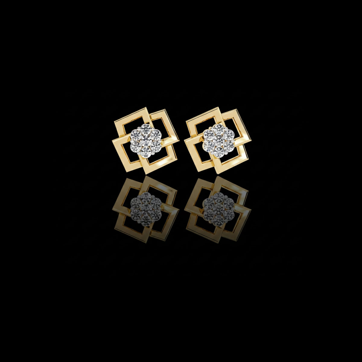 geometric square motif round lab diamond earrings with brilliant center cluster design