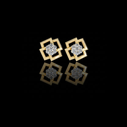 Geometric Square Motif Round Lab Diamond Earrings with Brilliant Center Cluster Design