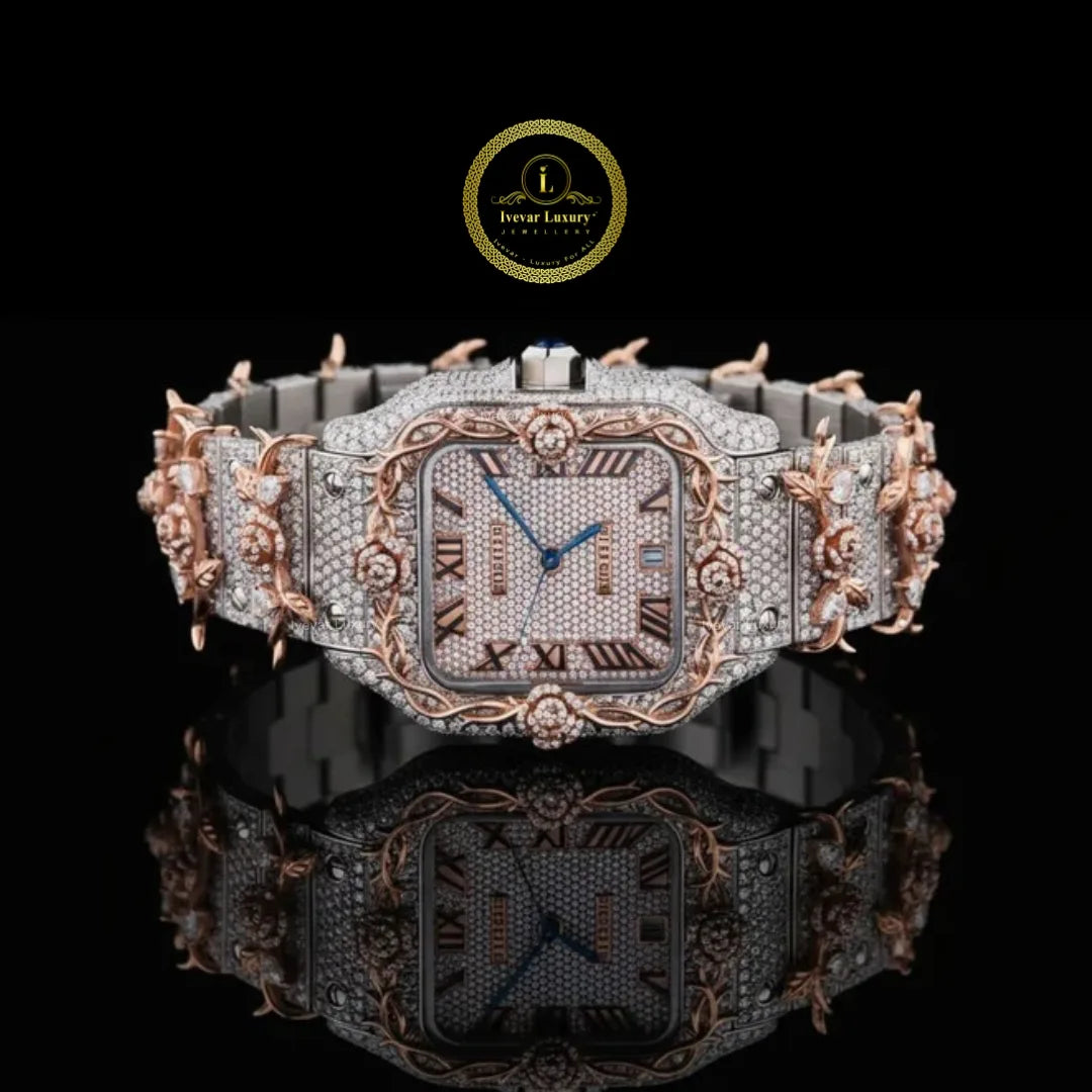 full iced out diamond watch with floral vine bezel, roman dial & date display