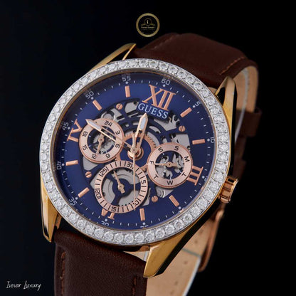 Round Diamond Bezel Multi-Function Brown Leather Wrist Watch - View 2