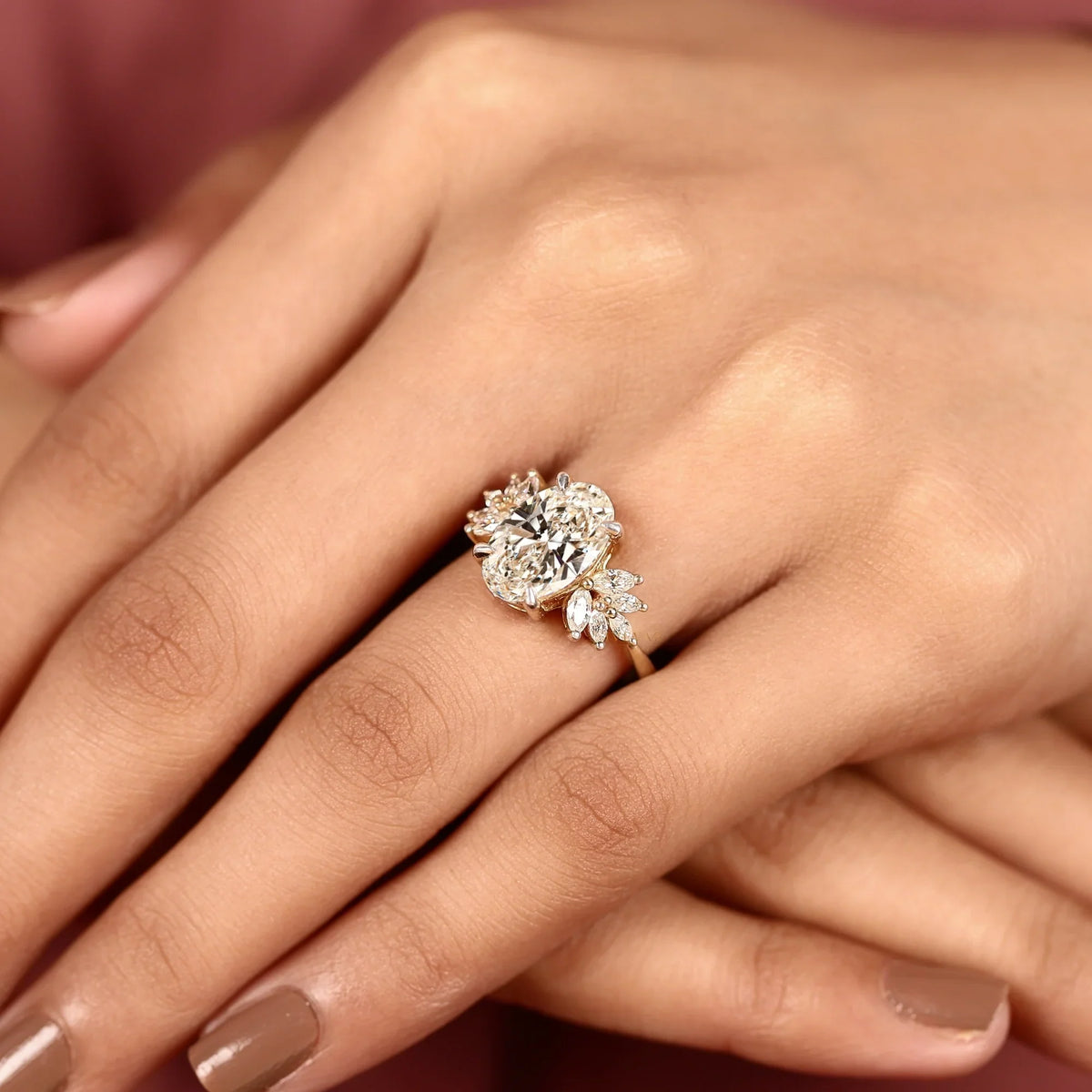 Oval Cut Cluster Setting Lab Diamond Engagement Ring - View 7