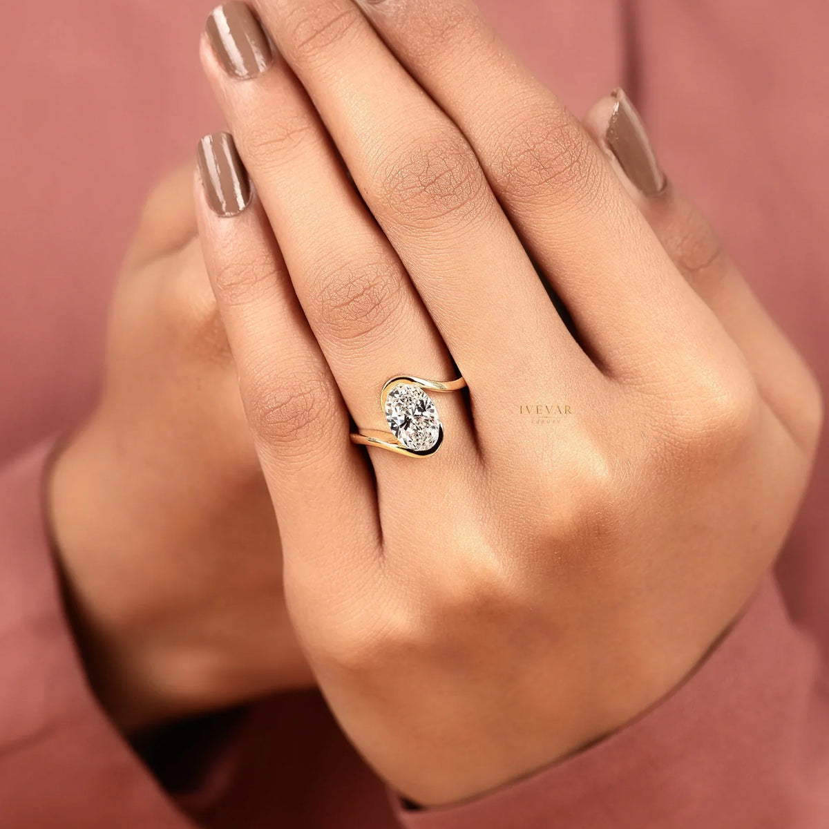 Oval Cut Lab Diamond Bypass Ring with Half Bezel Setting - View 8