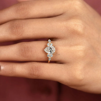 Pear Cut Cluster Setting Lab Diamond Engagement Ring - View 8
