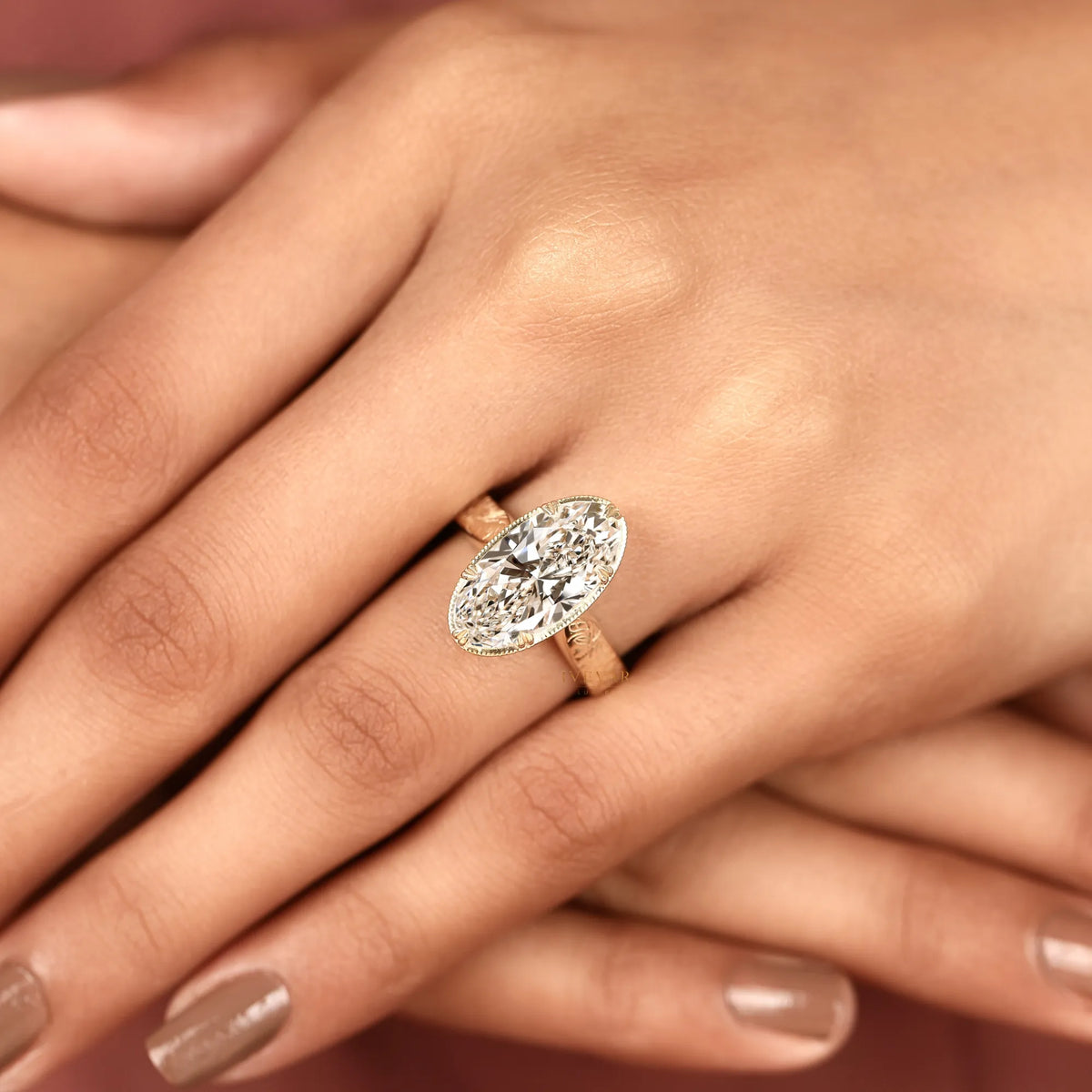 vintage oval cut moissanite solitaire diamond ring with engraved band - view 8