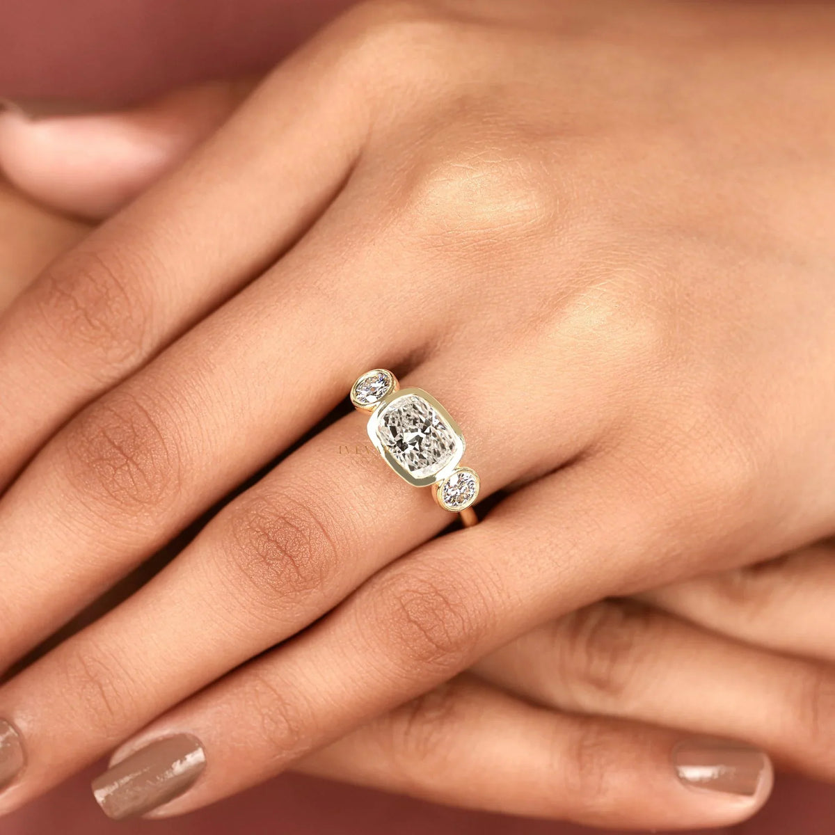 Bezel Setting Three Stone Cushion Lab Diamond Ring - View 8