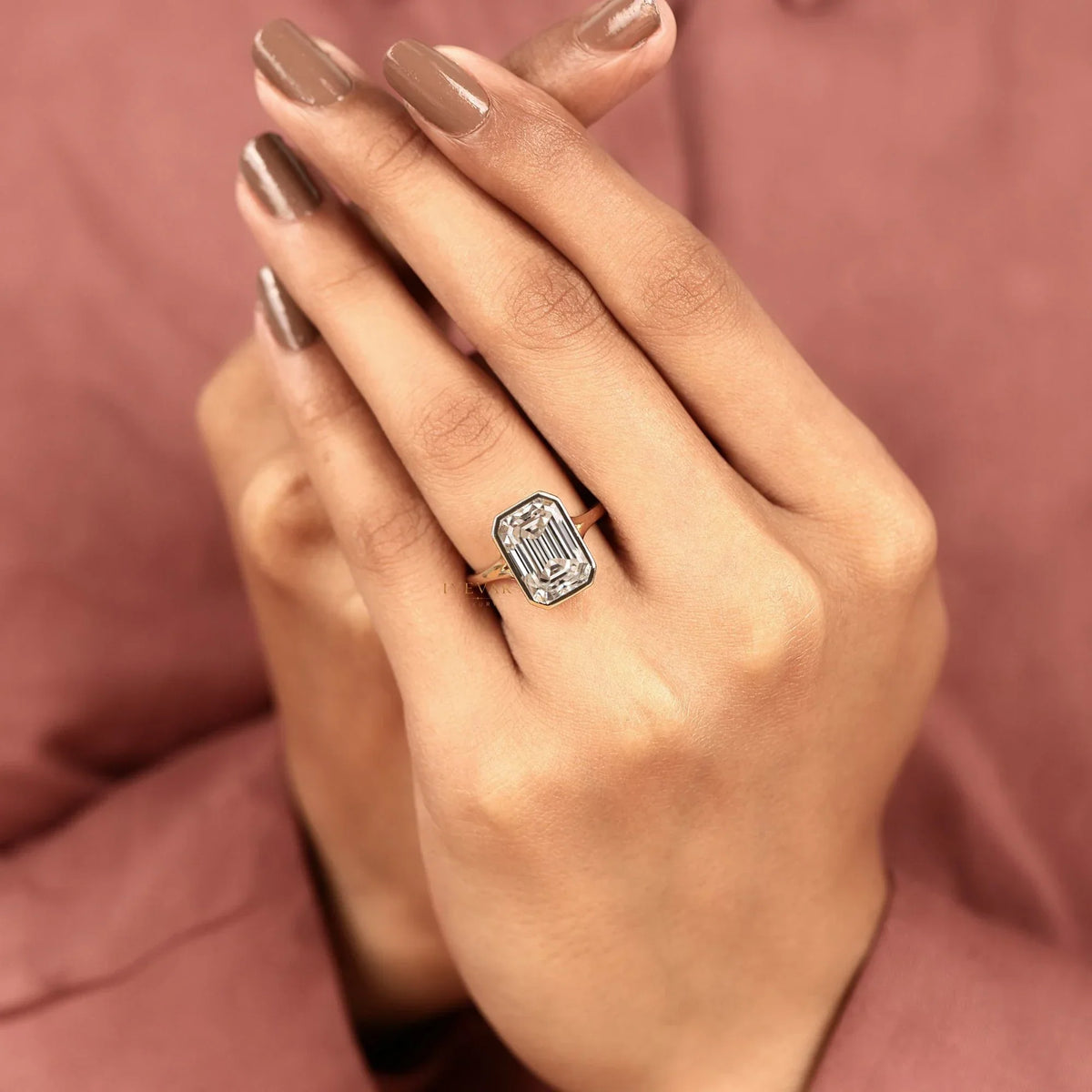 Bezel Setting Emerald Lab Diamond Solitaire Engagement Ring - View 8