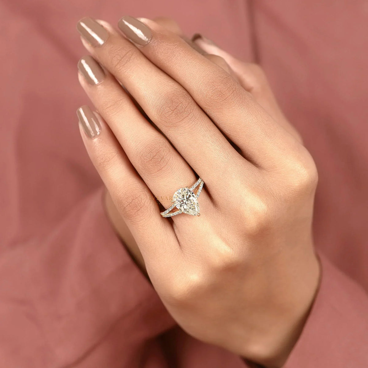 pear cut lab split pave shank engagement ring - view 8