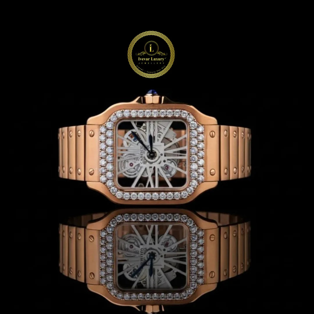 round cut lab grown diamond bezel skeleton cushion case rose gold bracelet watch