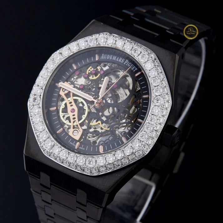 luxury black skeleton and ice blue crystal watch set men's watch collection by ivevar - view 4