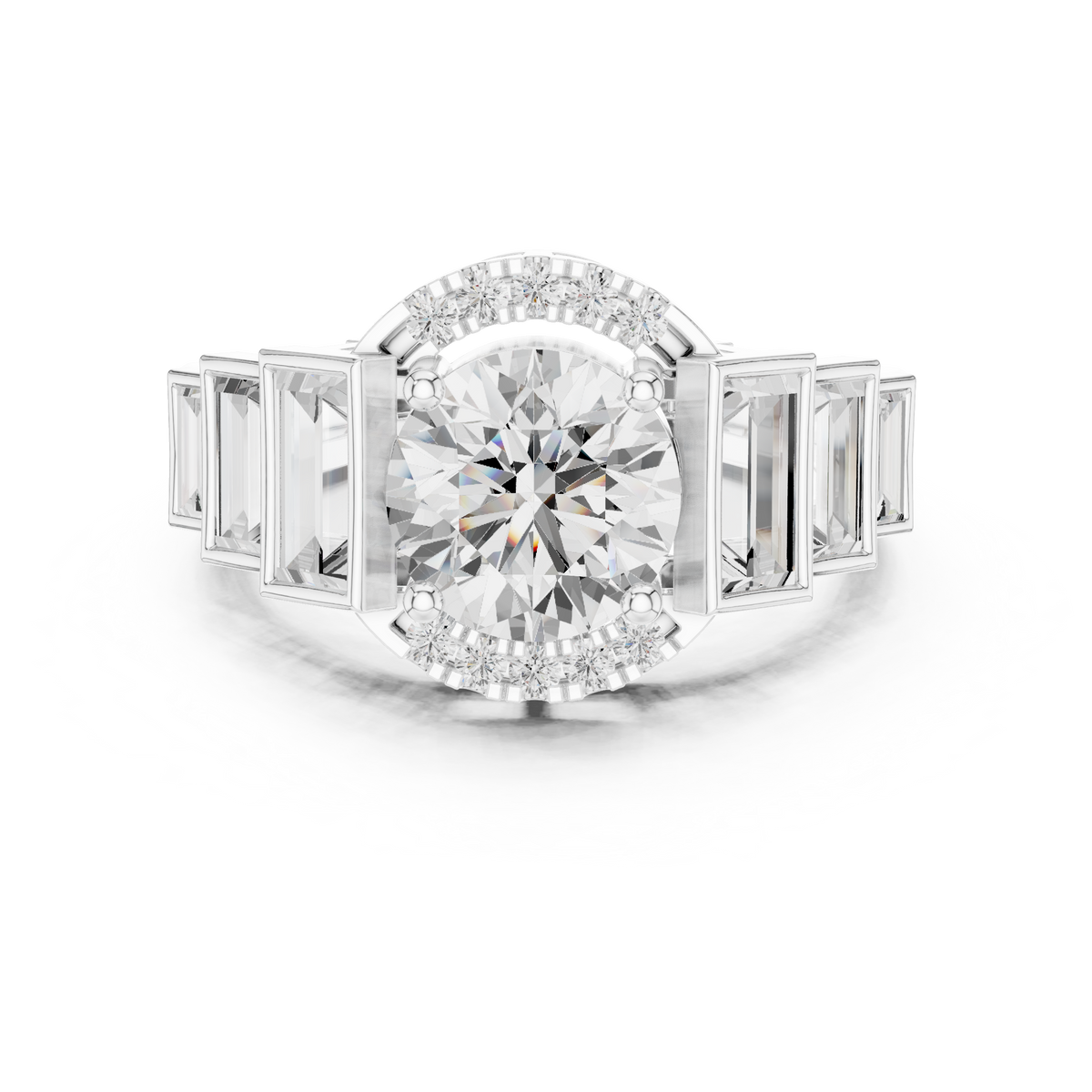 Round Halo Lab Diamond Ring with Tapered Baguette Side Stones - View 3