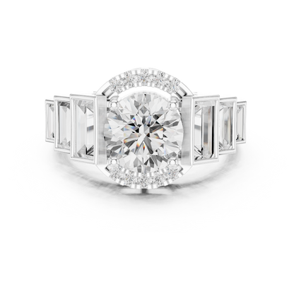 Round Halo Lab Diamond Ring with Tapered Baguette Side Stones - View 3