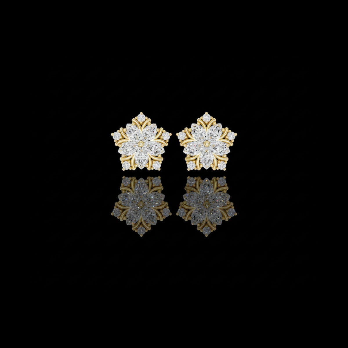 blossom petal cluster marquise and round moissanite diamond stud earrings floral starburst