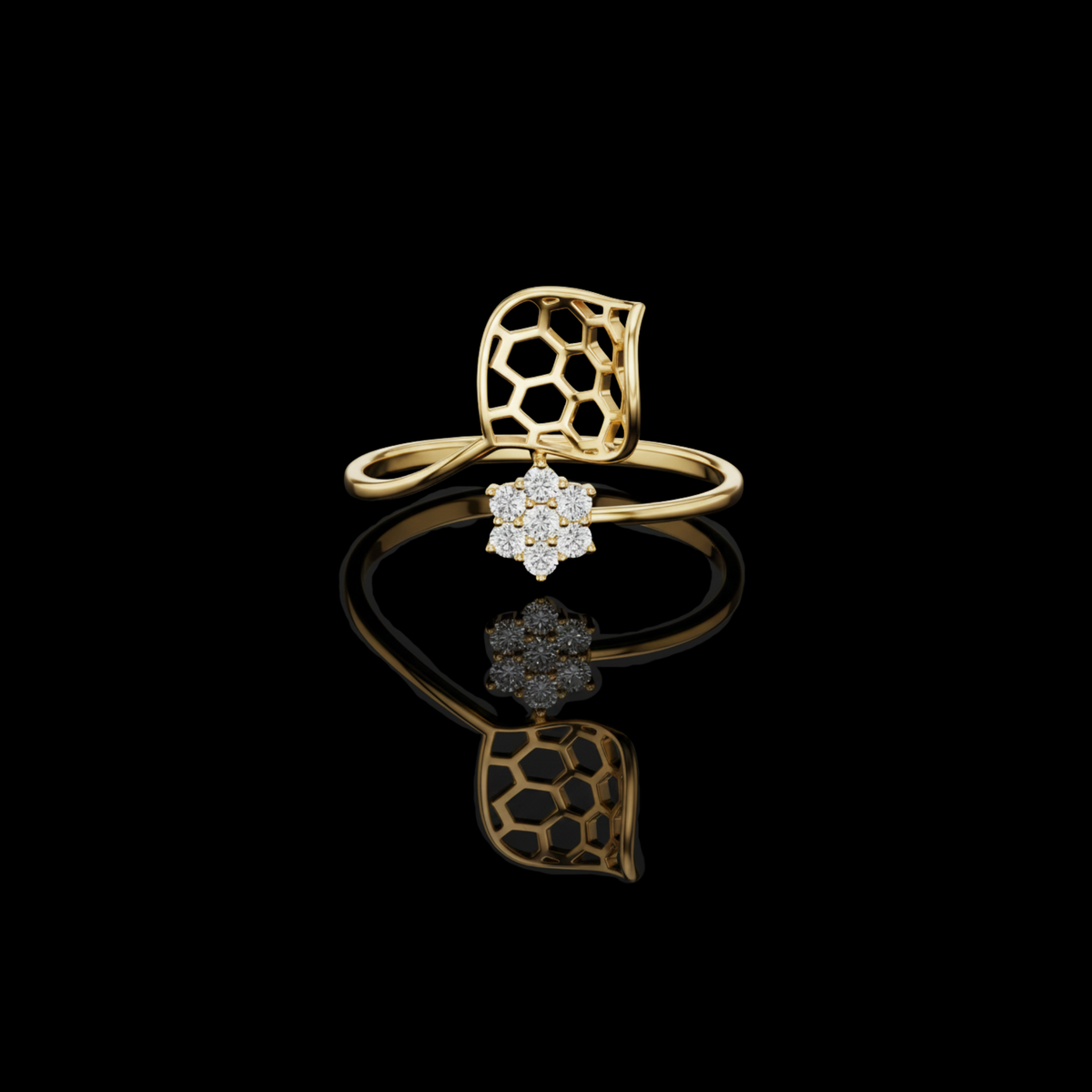 Open Honeycomb Design Leaf Lab Diamond Ring