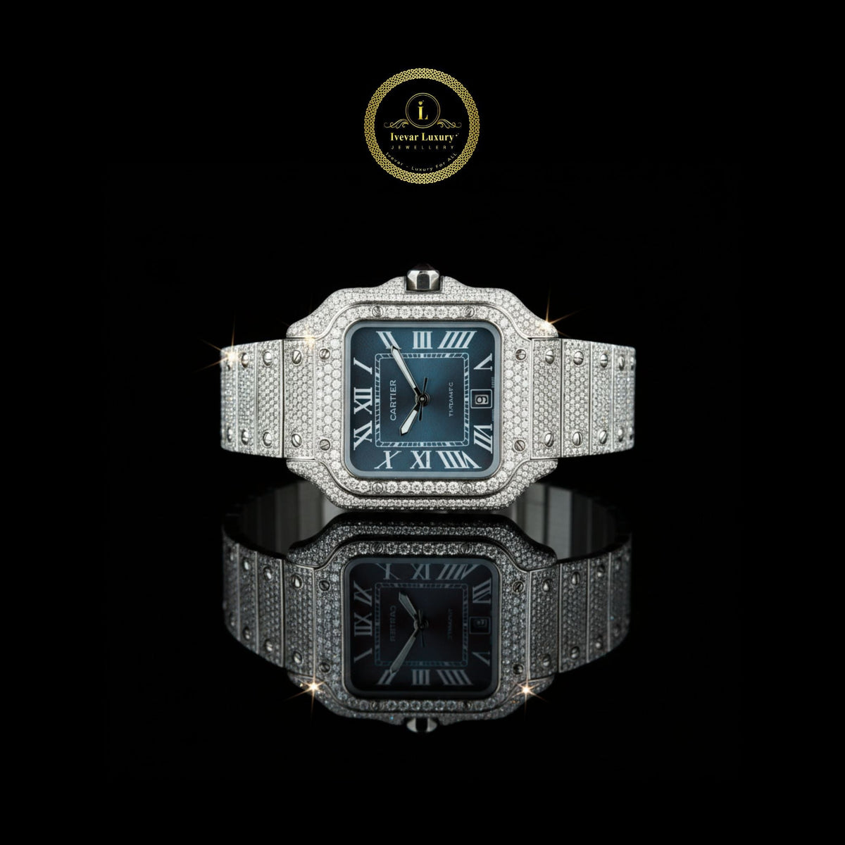 Magnificent Moissanite Diamond-Encrusted Luxury Watch with Deep Blue Dial and Silver Roman Numerals