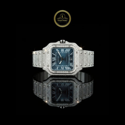 Magnificent Moissanite Diamond-Encrusted Luxury Watch with Deep Blue Dial and Silver Roman Numerals