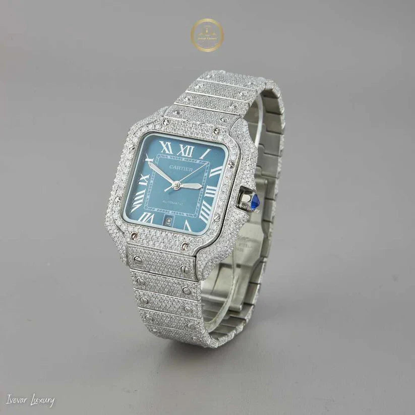 Magnificent Moissanite Diamond-Encrusted Luxury Watch with Deep Blue Dial and Silver Roman Numerals - View 2