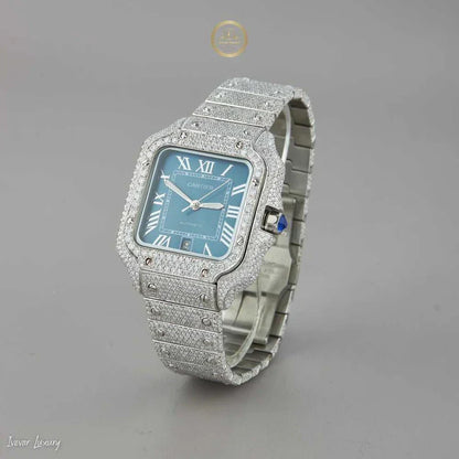 Magnificent Moissanite Diamond-Encrusted Luxury Watch with Deep Blue Dial and Silver Roman Numerals - View 2