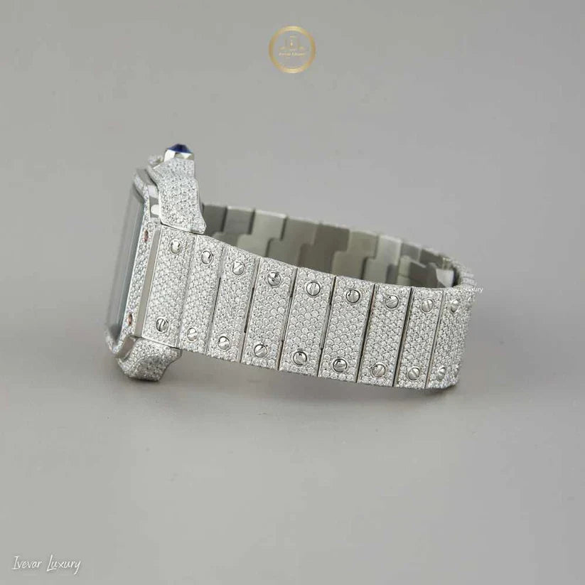 Magnificent Moissanite Diamond-Encrusted Luxury Watch with Deep Blue Dial and Silver Roman Numerals - View 3