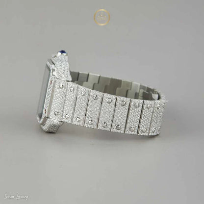 Magnificent Moissanite Diamond-Encrusted Luxury Watch with Deep Blue Dial and Silver Roman Numerals - View 3