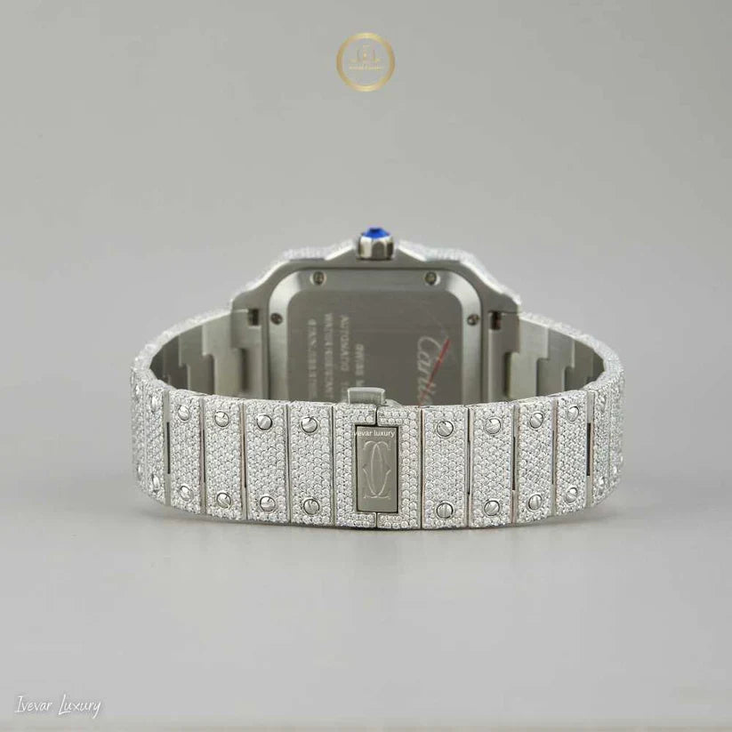 magnificent moissanite diamond-encrusted luxury watch with deep blue dial and silver roman numerals - view 4