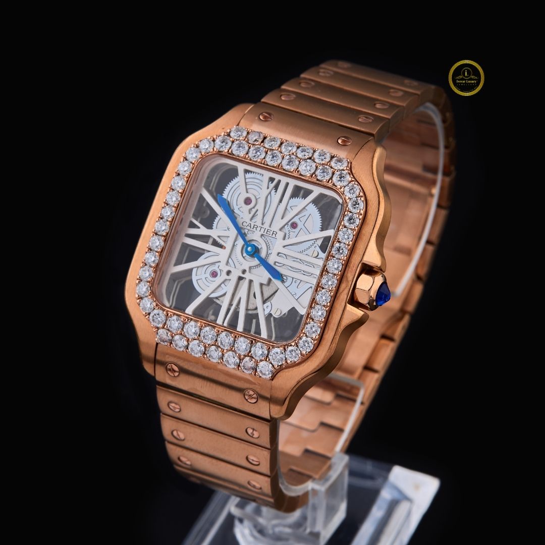 round cut lab grown diamond bezel skeleton cushion case rose gold bracelet watch - view 2