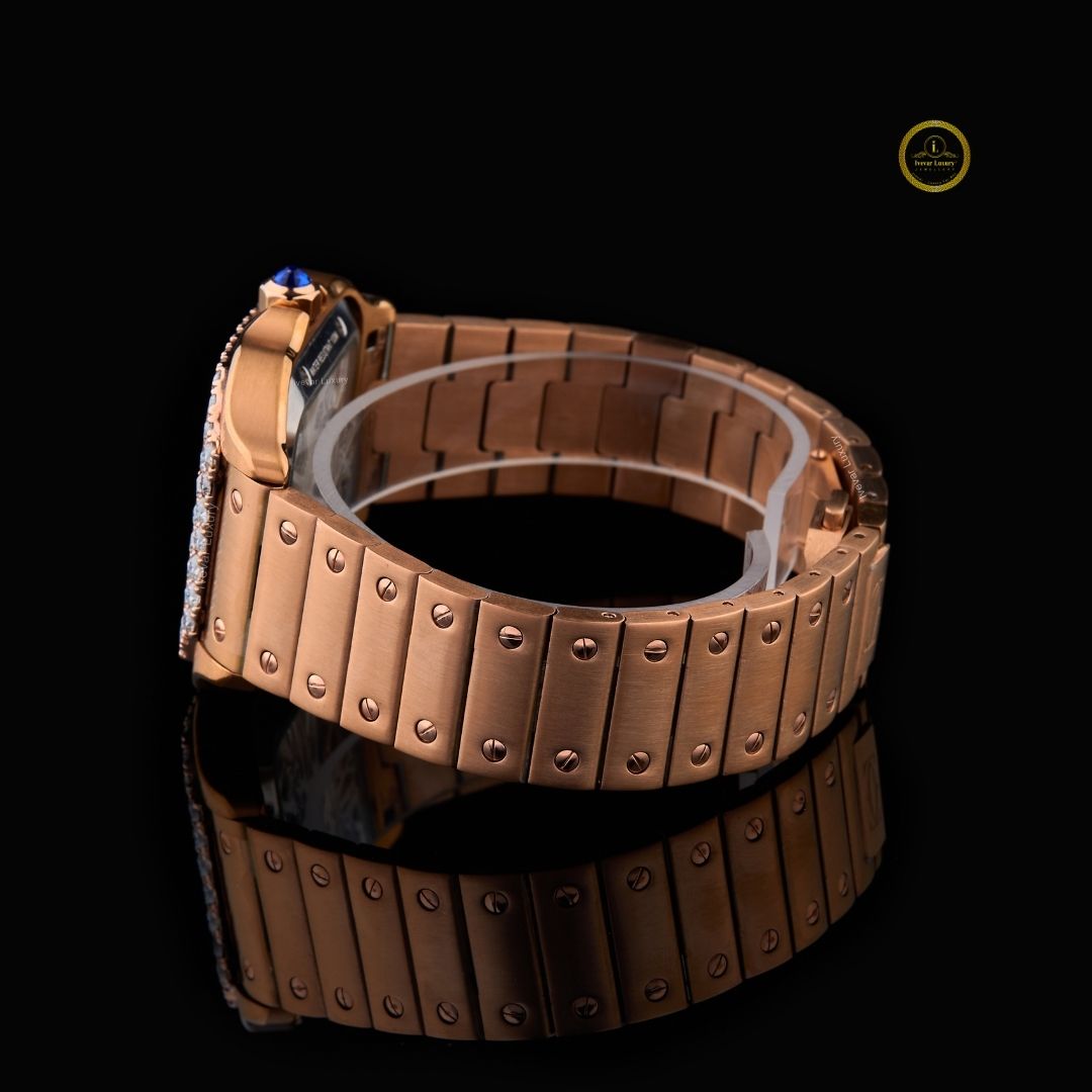 round cut lab grown diamond bezel skeleton cushion case rose gold bracelet watch - view 3