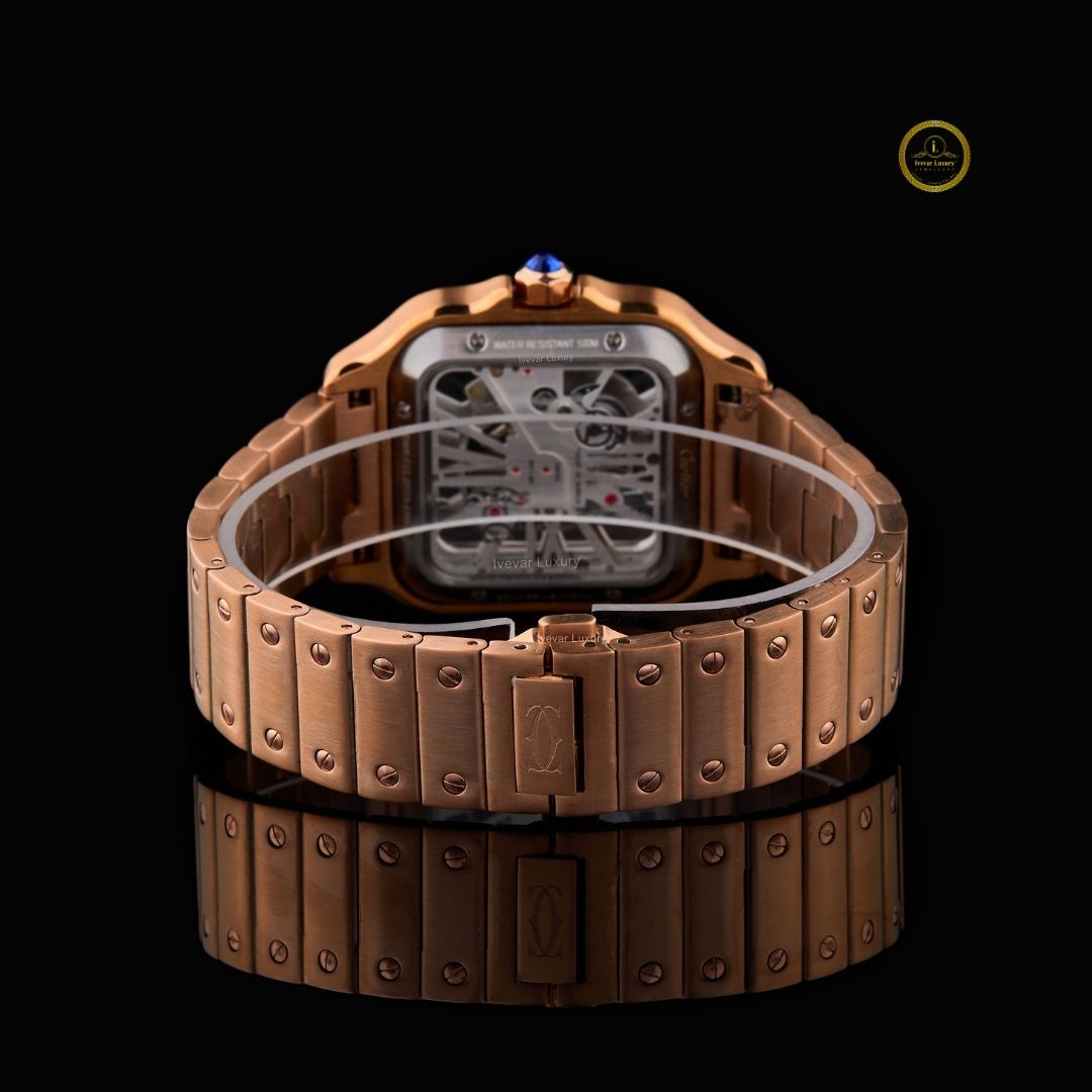 Round Cut Lab Grown Diamond Bezel Skeleton Cushion Case Rose Gold Bracelet Watch - View 4