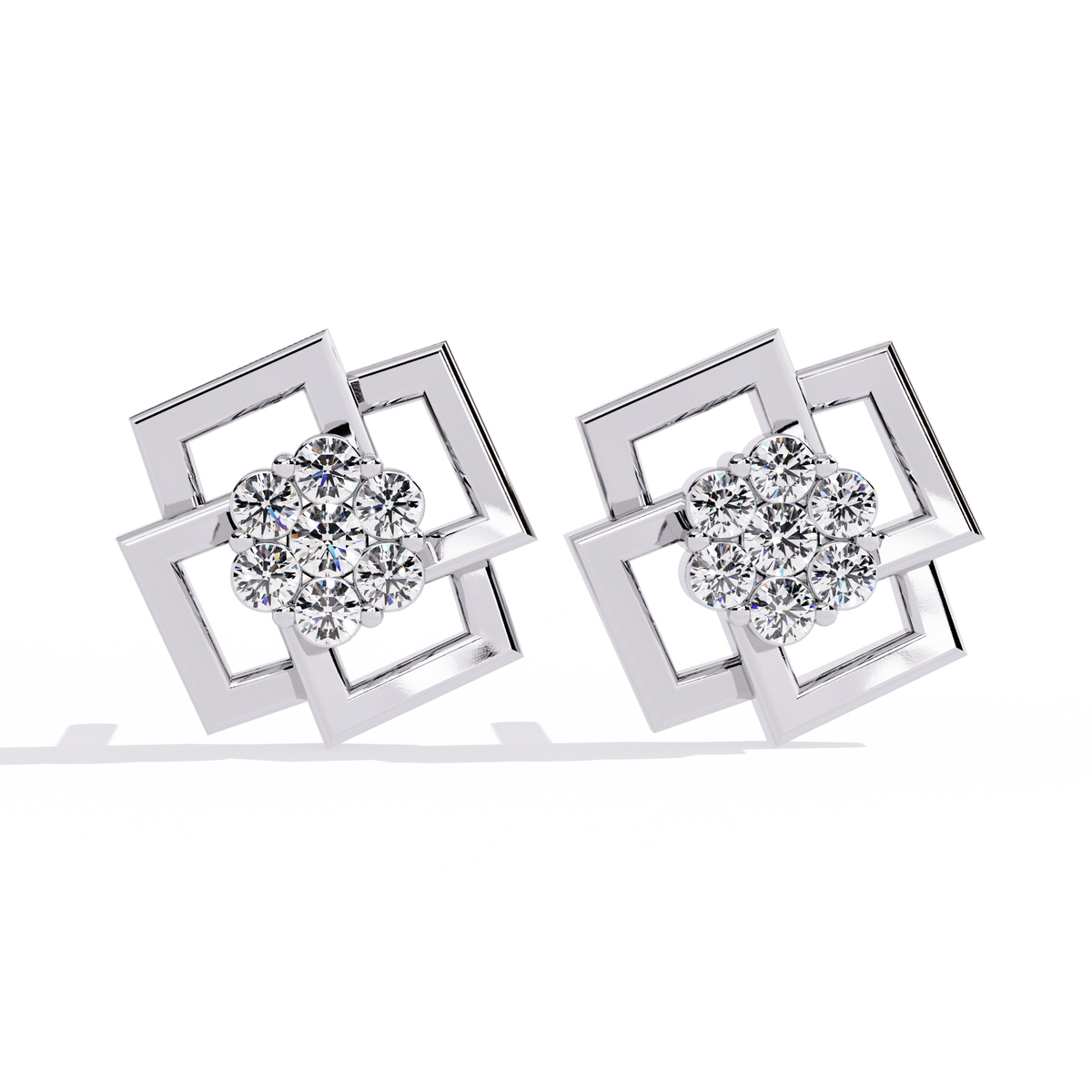geometric square motif round lab diamond earrings with brilliant center cluster design - view 3