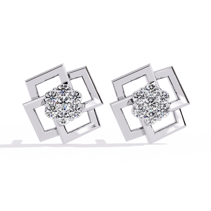 Geometric Square Motif Round Lab Diamond Earrings with Brilliant Center Cluster Design - View 3