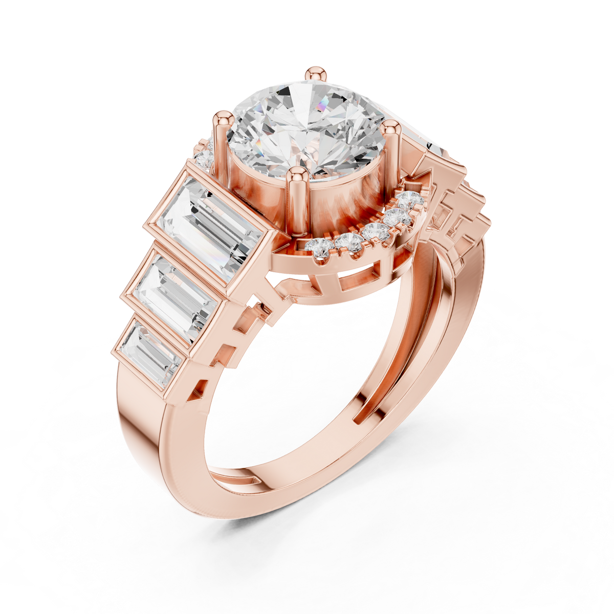 round halo lab diamond ring with tapered baguette side stones - view 5