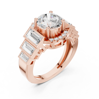 Round Halo Lab Diamond Ring with Tapered Baguette Side Stones - View 5