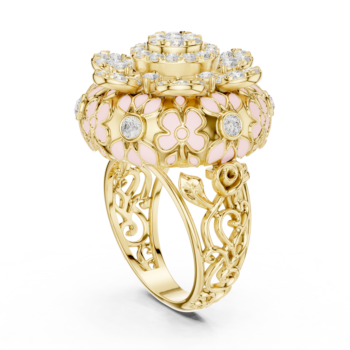 Round Lab Diamond Floral Cocktail Statement Ring - View 5
