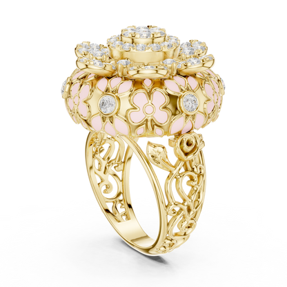Round Lab Diamond Floral Cocktail Statement Ring - View 5
