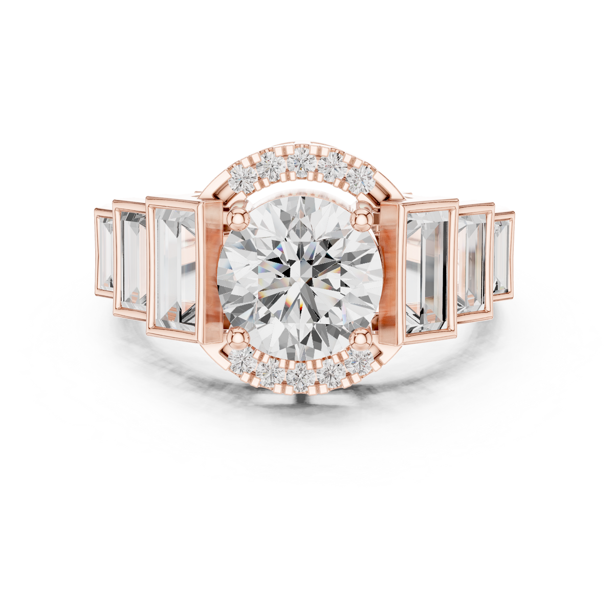 Round Halo Lab Diamond Ring with Tapered Baguette Side Stones - View 2