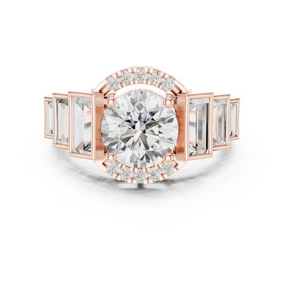 Round Halo Lab Diamond Ring with Tapered Baguette Side Stones - View 2