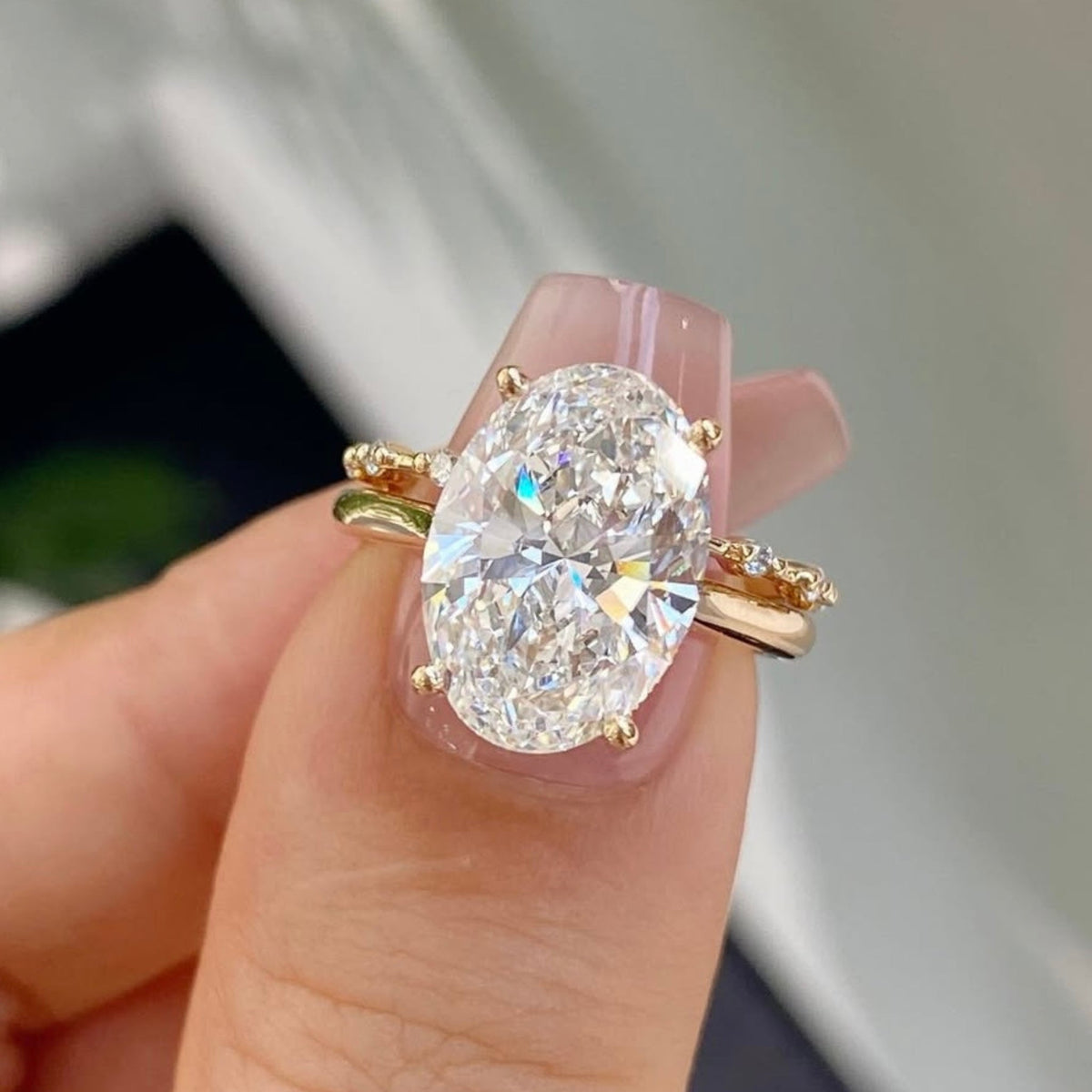 Hidden Halo Oval Moissanite Diamond Engagement Ring With Minimalist Band