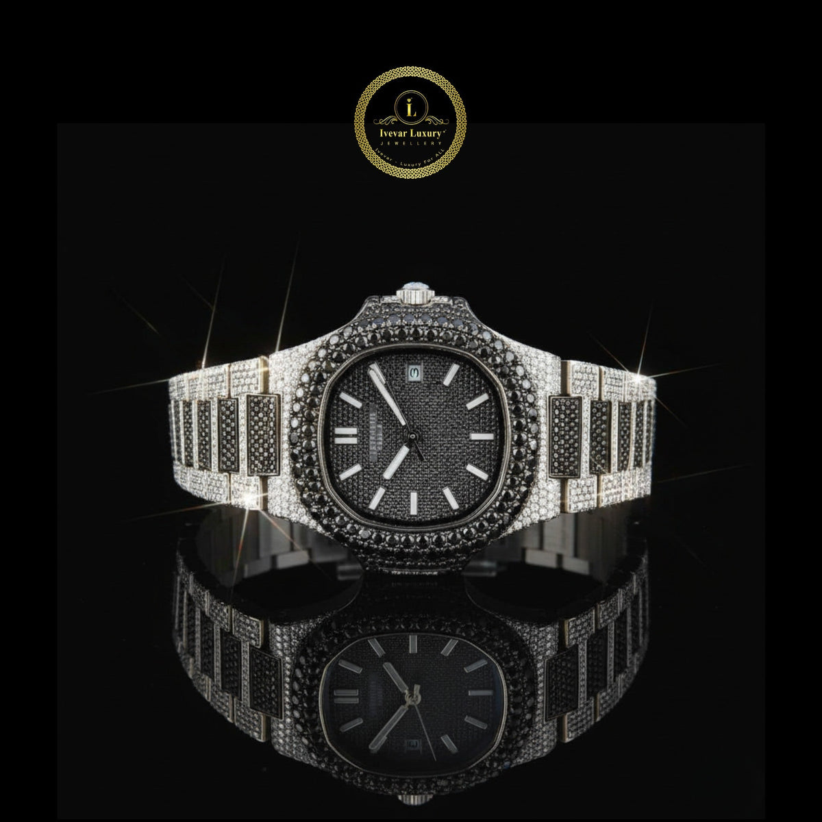 elegant black dial exquisite luxury black and white lab grown diamond iced out watch for men – full pave premium design
