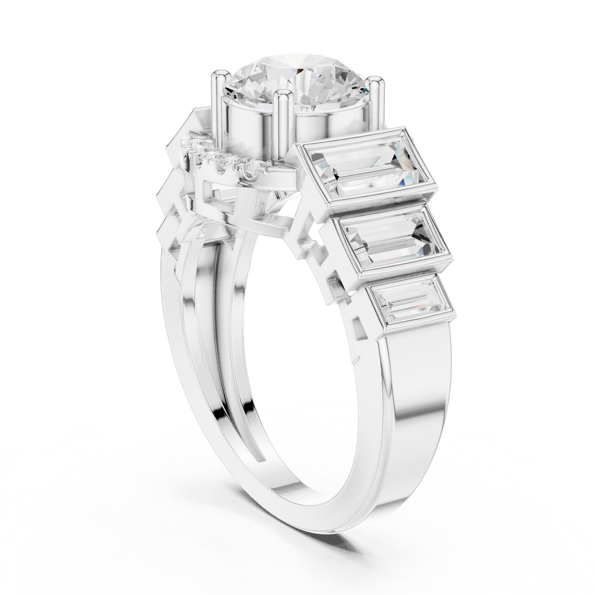 Round Halo Lab Diamond Ring with Tapered Baguette Side Stones - View 12