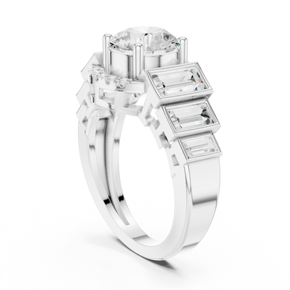 Round Halo Lab Diamond Ring with Tapered Baguette Side Stones - View 12