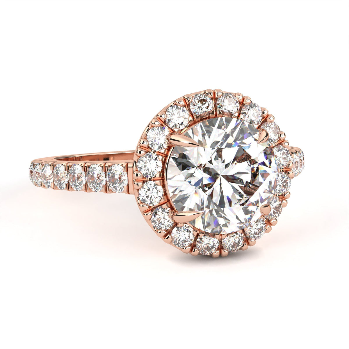 Round Cut Sunburst Halo Moissanite Diamond Ring with Pave Band - View 4