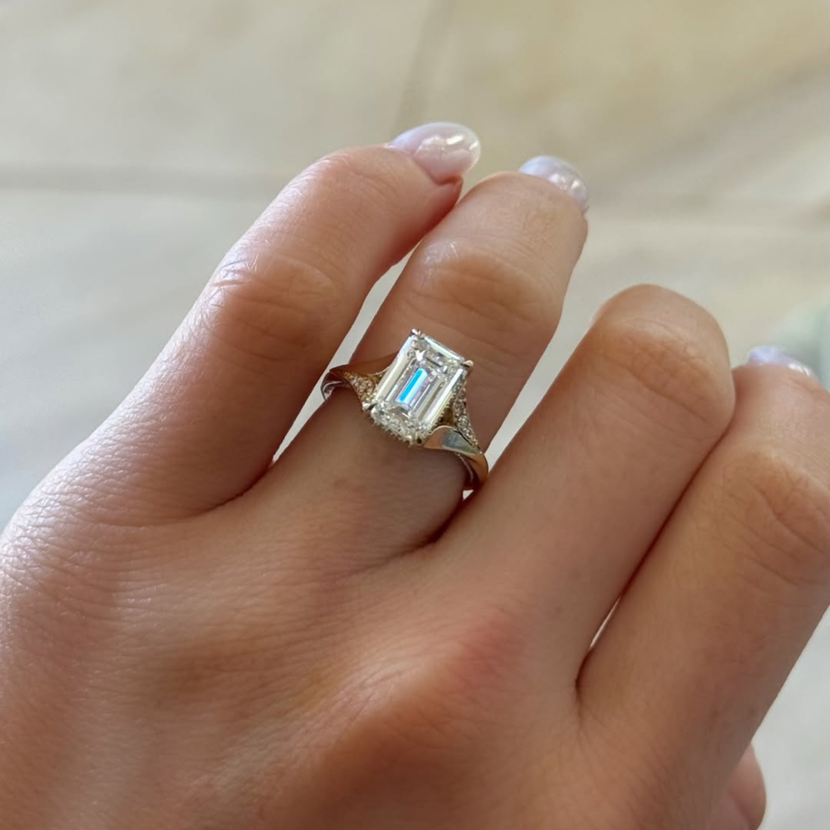 split shank with emerald lab diamond engagement ring - view 4