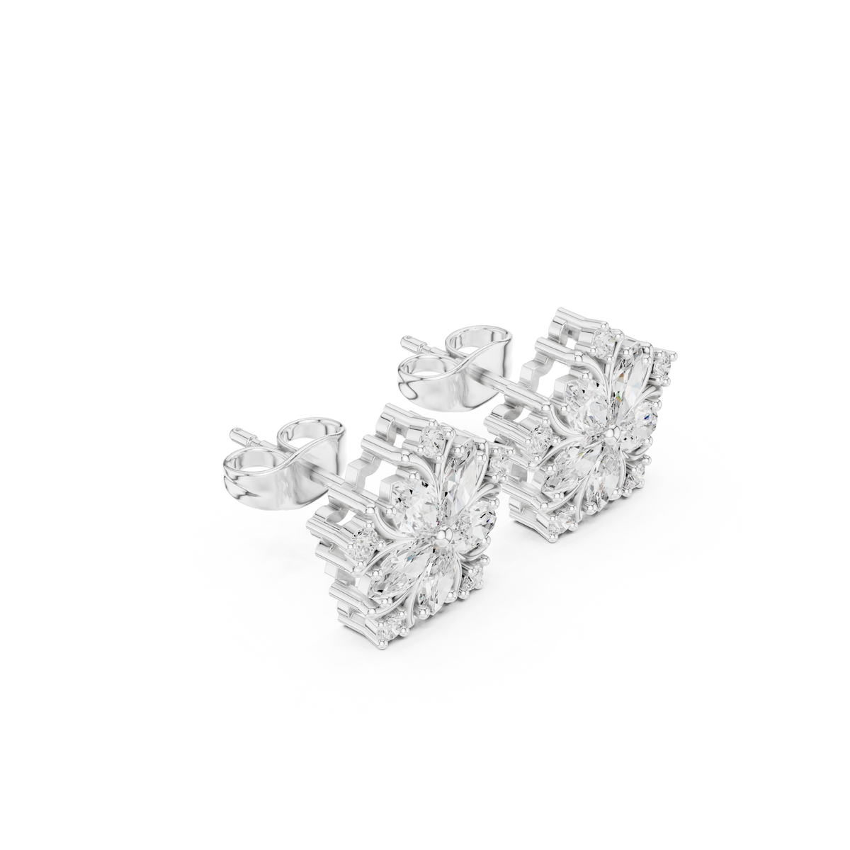 blossom petal cluster marquise and round moissanite diamond stud earrings floral starburst - view 4