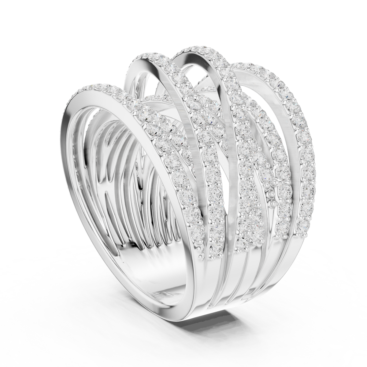 Round Cut Moissanite Diamond Multi Row Crossover Statement Ring - View 4