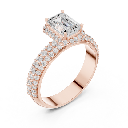 Emerald Cut Hidden Halo Moissanite Diamond Ring with Wide Pave Band - View 4